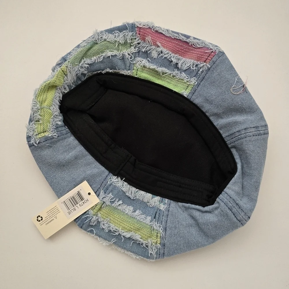 NWT Light Denim Patchwork Multi Fringe Beret Boho Stylish Hat